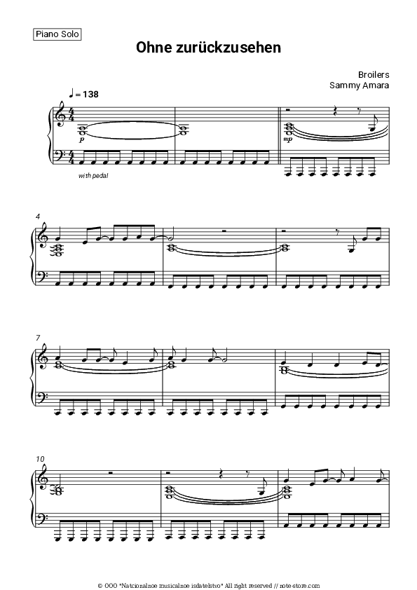 Ohne zurückzusehen - Broilers, Sammy Amara Piano Sheet Music - Piano.Solo