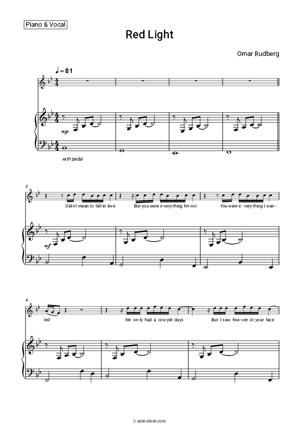 Red Light - Omar Rudberg Piano Sheet Music with the Voice part - Piano&Vocal