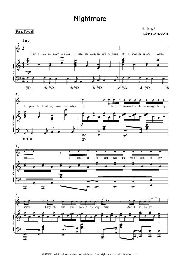 Nightmare - Halsey Piano Sheet Music with the Voice part - Piano&Vocal