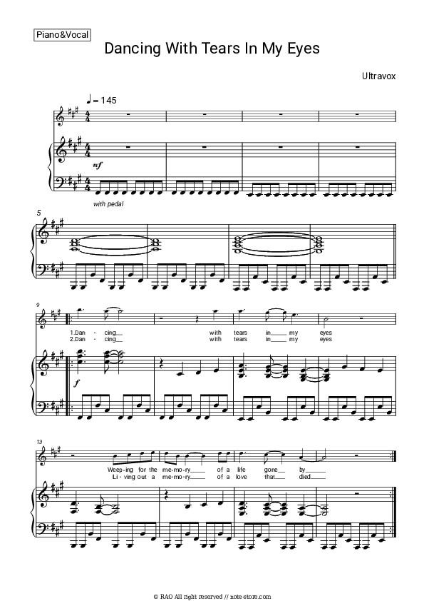 Dancing with Tears in My Eyes - Ultravox Piano Sheet Music with the Voice part - Piano&Vocal