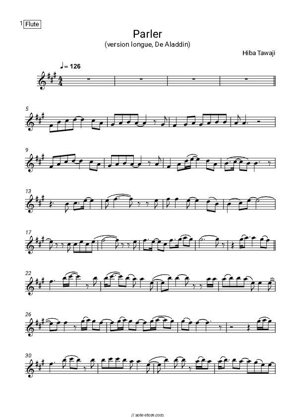 Parler (version longue, De Aladdin) - Hiba Tawaji Flute Sheet Music - Flute