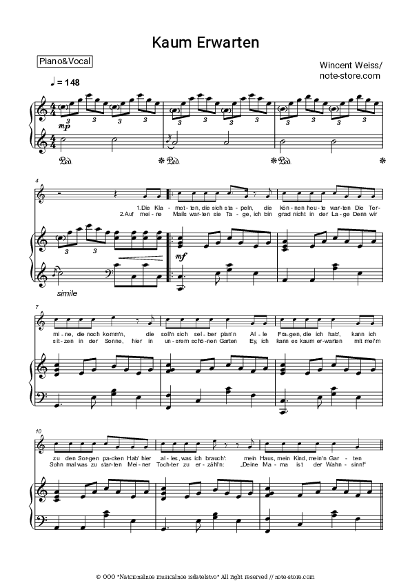 Kaum Erwarten - Wincent Weiss Piano Sheet Music with the Voice part - Piano&Vocal