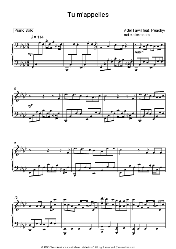Tu m'appelles - Adel Tawil, PEACHY Piano Sheet Music - Piano.Solo