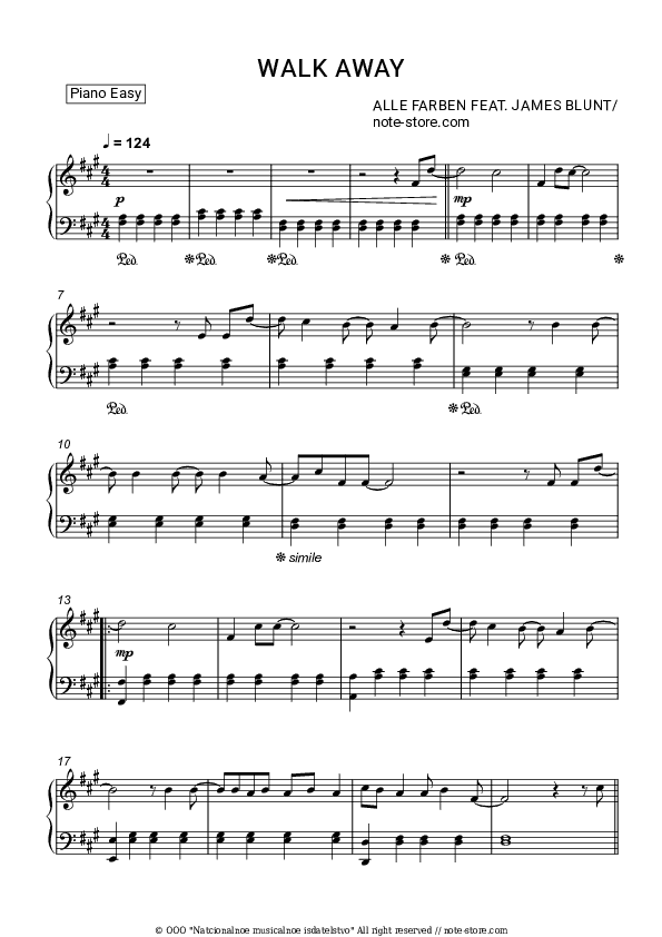 Walk Away - Alle Farben, James Blunt Piano Sheet Music Easy - Piano.Easy