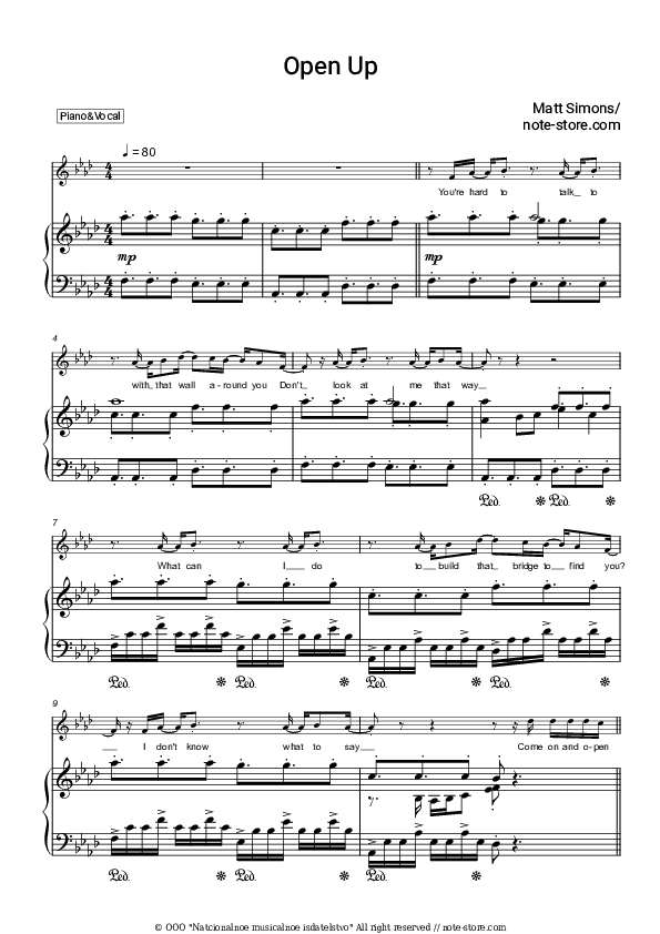 Open Up - Matt Simons Piano Sheet Music with the Voice part - Piano&Vocal