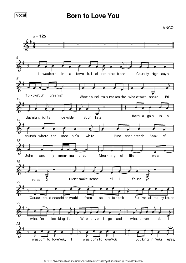 Born to Love You - LANCO Vocal Sheet Music - Vocal