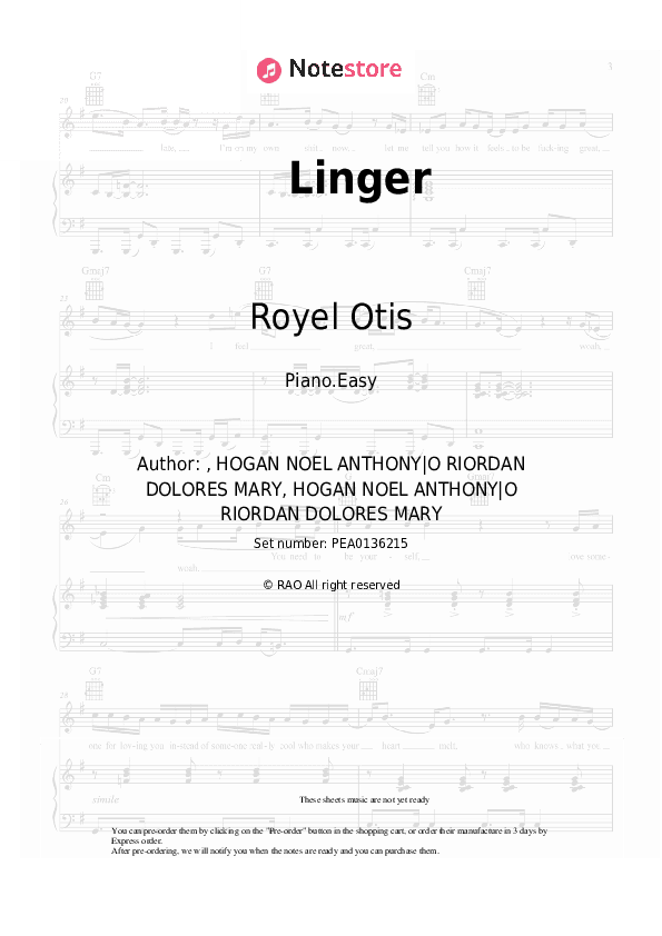 Linger - Royel Otis Piano Sheet Music Easy - Piano.Easy