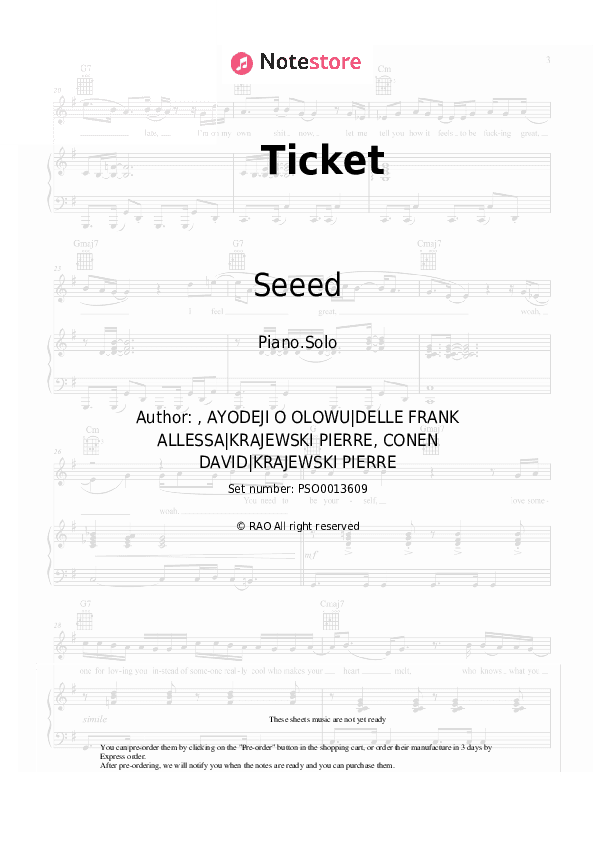 Ticket - Seeed Piano Sheet Music - Piano.Solo