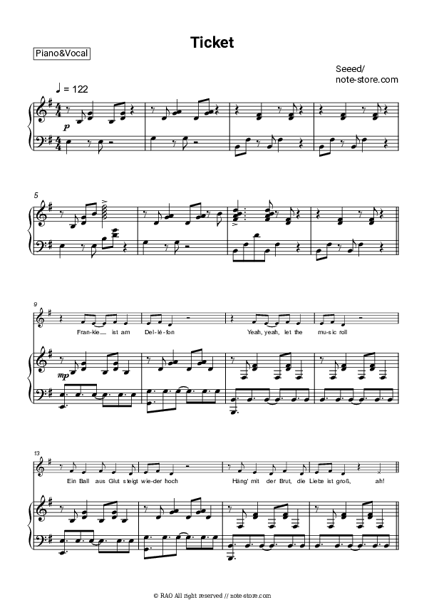 Ticket - Seeed Piano Sheet Music with the Voice part - Piano&Vocal