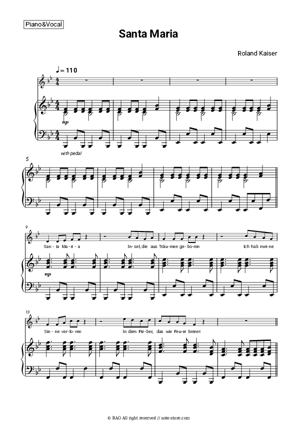 Santa Maria - Roland Kaiser Piano Sheet Music with the Voice part - Piano&Vocal