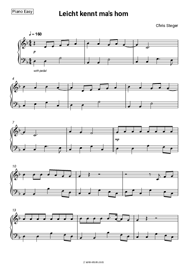 Leicht kennt ma's hom - Chris Steger Piano Sheet Music Easy - Piano.Easy