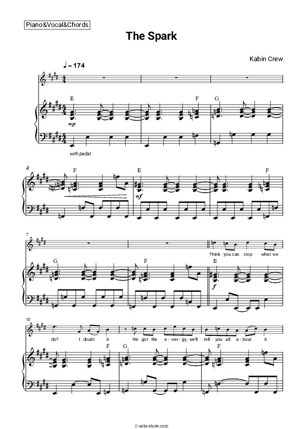 The Spark - Kabin Crew Piano Sheet Music with the Vocal and Chords - Piano&Vocal&Chords