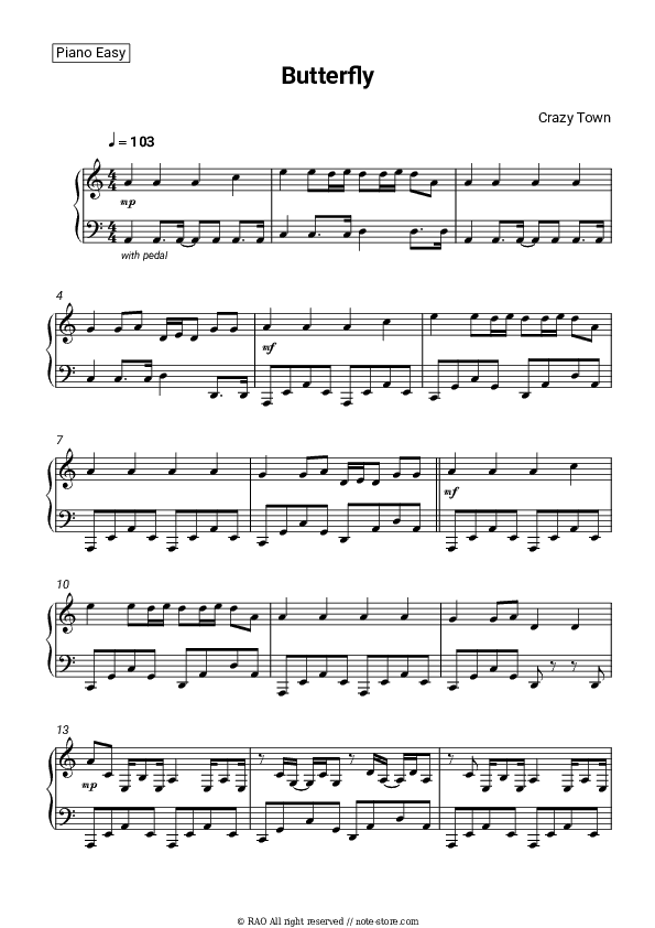 Butterfly - Crazy Town Piano Sheet Music Easy - Piano.Easy