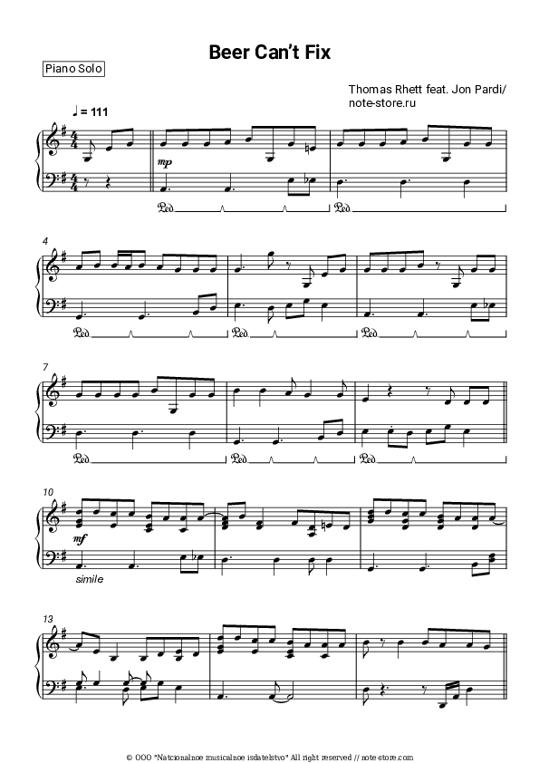 Beer Can't Fix - Thomas Rhett, Jon Pardi Piano Sheet Music - Piano.Solo