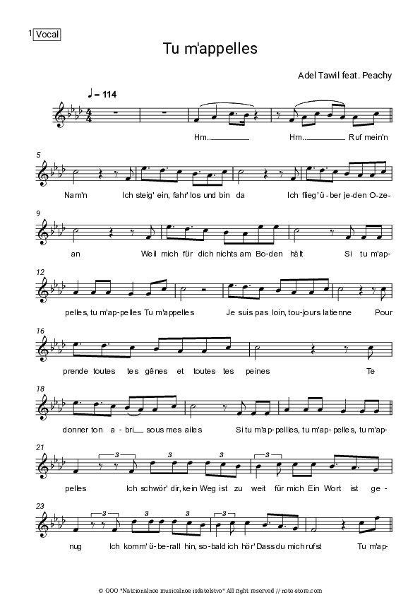 Tu m'appelles - Adel Tawil, PEACHY Vocal Sheet Music - Vocal