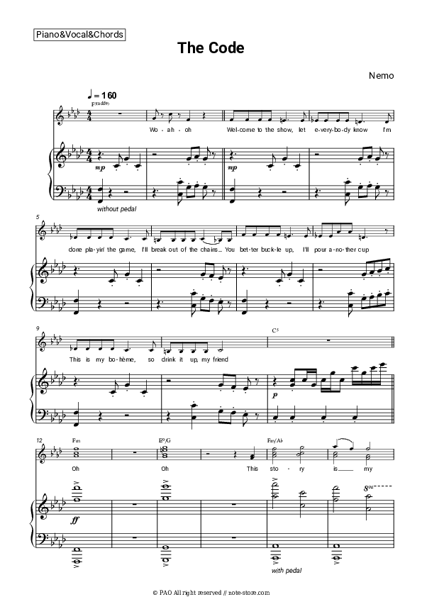 The Code - Nemo Piano Sheet Music with the Vocal and Chords - Piano&Vocal&Chords