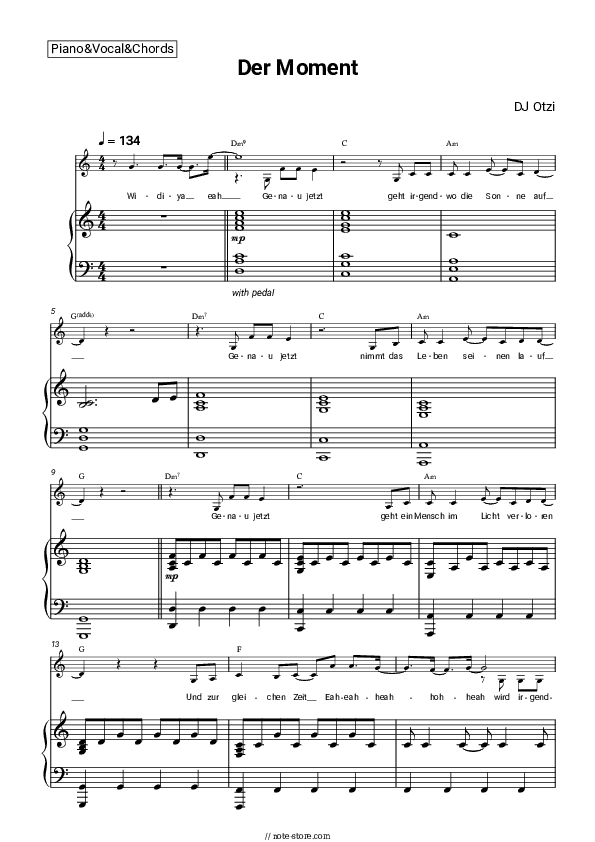 Der Moment - DJ Ötzi Piano Sheet Music with the Vocal and Chords - Piano&Vocal&Chords