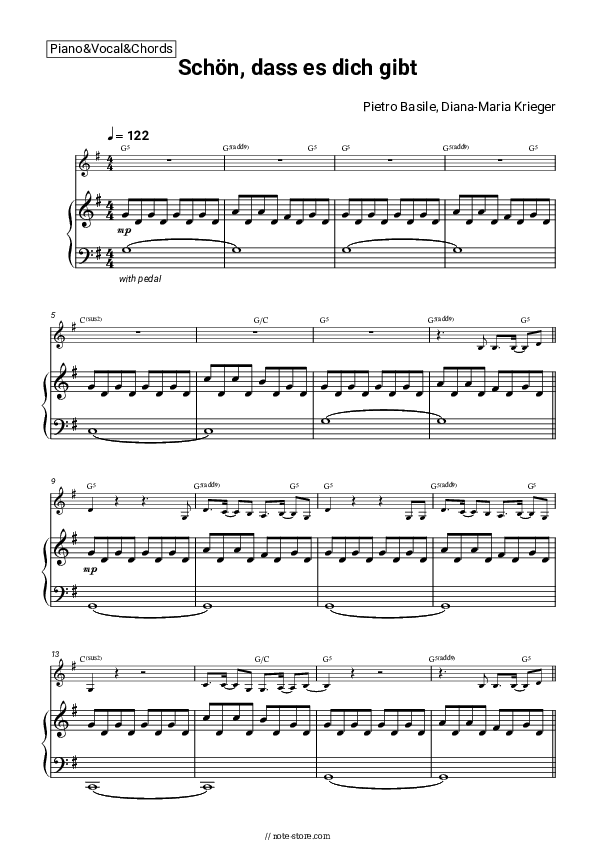 Schön, dass es dich gibt - Pietro Basile, Diana-Maria Krieger Piano Sheet Music with the Vocal and Chords - Piano&Vocal&Chords
