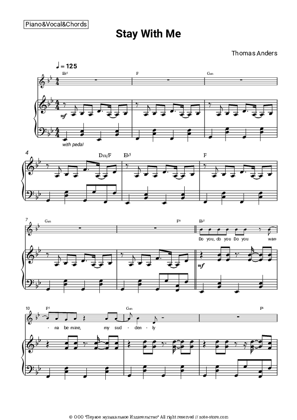 Stay With Me - Thomas Anders Piano Sheet Music with the Vocal and Chords - Piano&Vocal&Chords