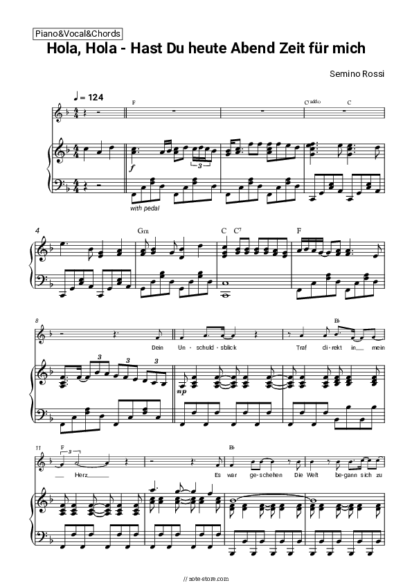Hola, Hola - Hast Du heute Abend Zeit für mich - Semino Rossi Piano Sheet Music with the Vocal and Chords - Piano&Vocal&Chords