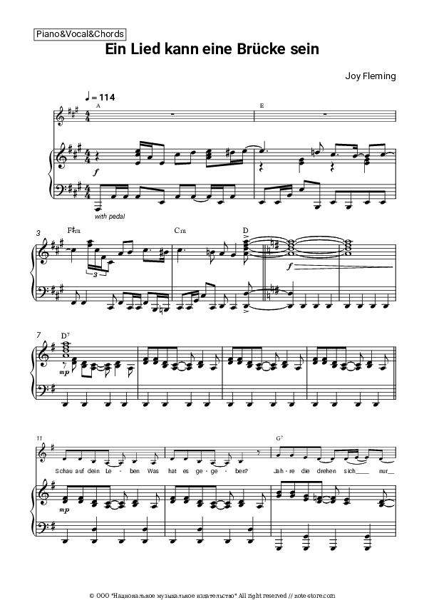 Ein Lied kann eine Brücke sein - Joy Fleming Piano Sheet Music with the Vocal and Chords - Piano&Vocal&Chords