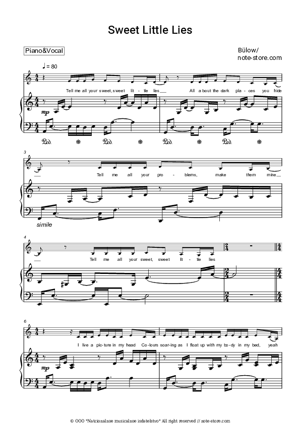 Sweet Little Lies - Bülow Piano Sheet Music with the Voice part - Piano&Vocal