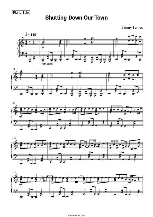 Shutting Down Our Town - Jimmy Barnes Piano Sheet Music - Piano.Solo