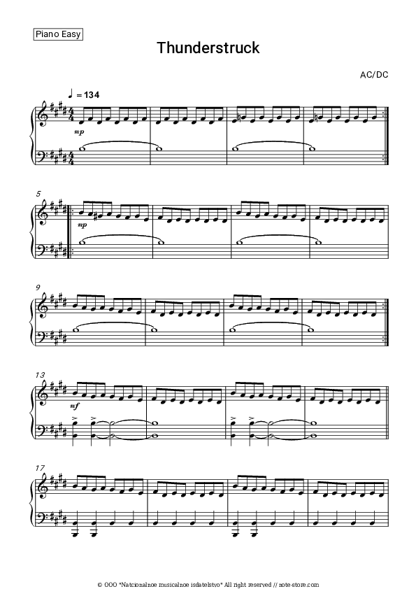 Thunderstruck - AC/DC Piano Sheet Music Easy - Piano.Easy