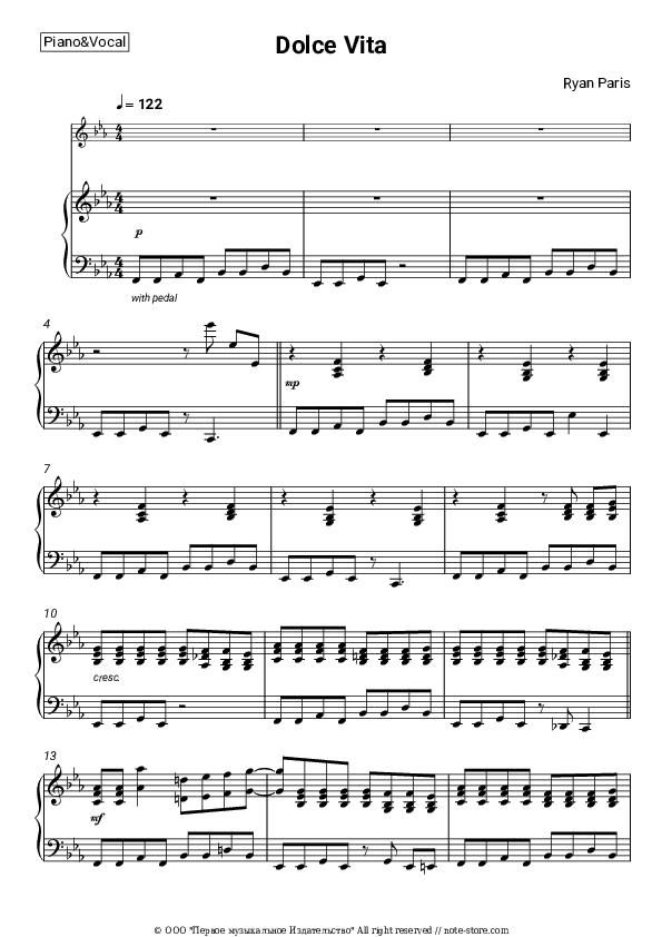 Dolce Vita - Ryan Paris Piano Sheet Music with the Voice part - Piano&Vocal