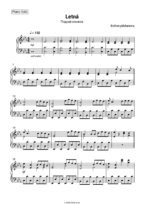 Letná - Rohony & Manene Piano Sheet Music - Piano.Solo