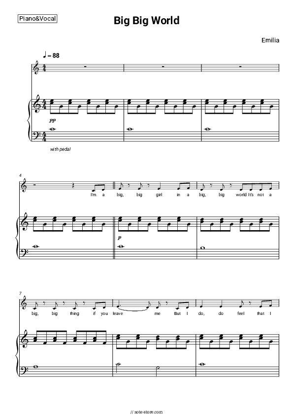 Big Big World - Emilia Piano Sheet Music with the Voice part - Piano&Vocal