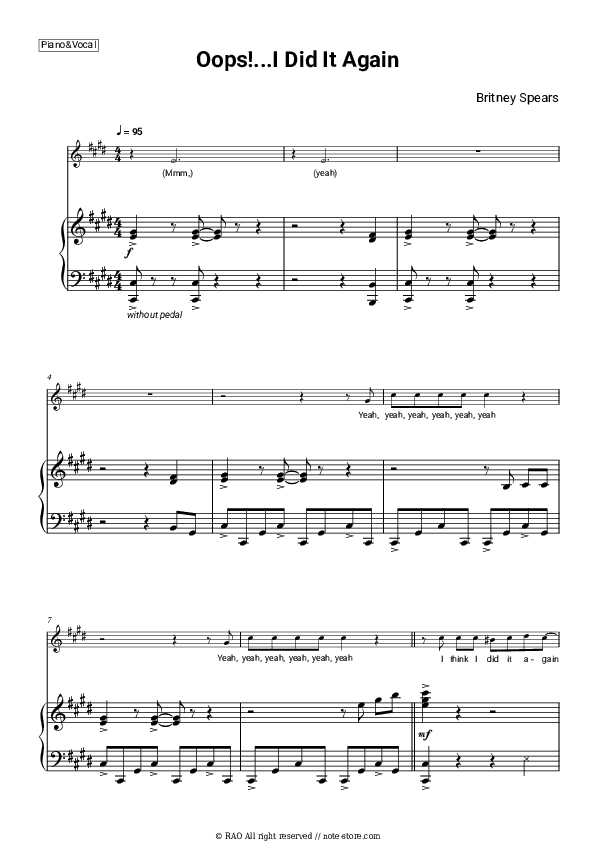 Oops!...I Did It Again - Britney Spears Piano Sheet Music with the Voice part - Piano&Vocal