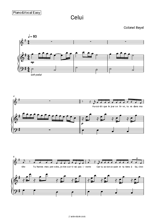 Celui - Colonel Reyel Piano Sheet Music Easy and Vocal - Piano&Vocal.Easy