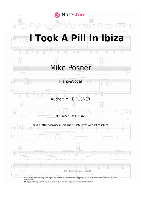 I Took A Pill In Ibiza - Mike Posner Piano Sheet Music with the Voice part - Piano&Vocal