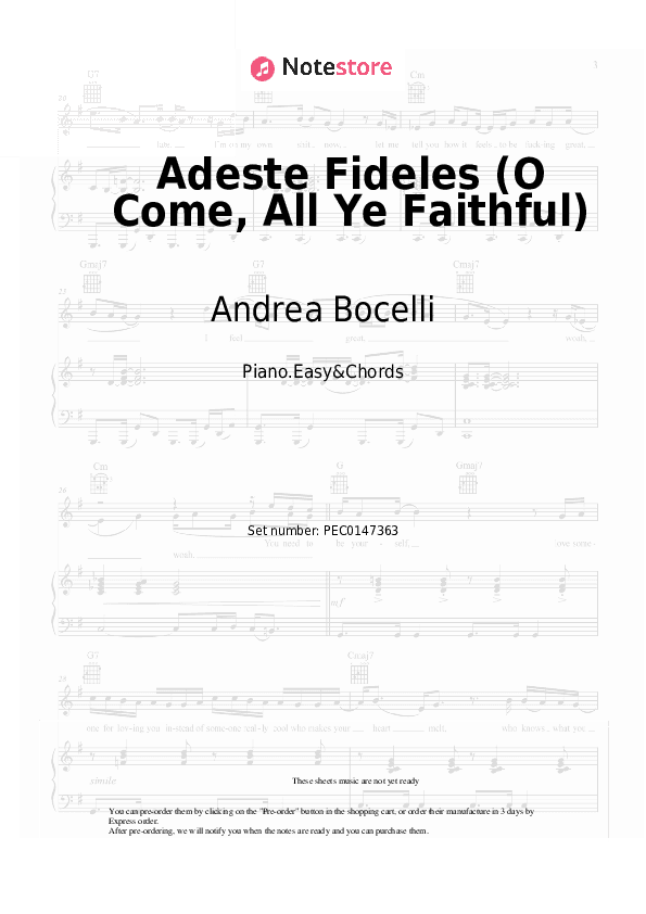 Adeste Fideles (O Come, All Ye Faithful) - Andrea Bocelli Sheet Music Easy and Chords - Piano.Easy&Chords