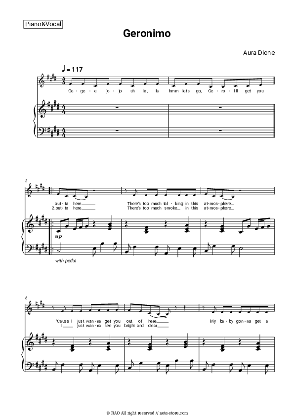 Geronimo - Aura Dione Piano Sheet Music with the Voice part - Piano&Vocal