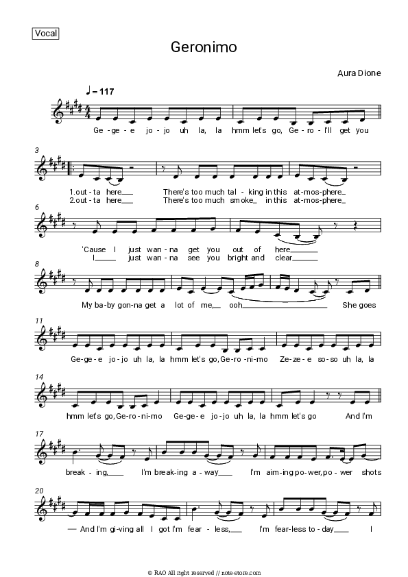 Geronimo - Aura Dione Vocal Sheet Music - Vocal