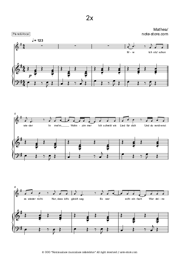 2x - Mathea Piano Sheet Music with the Voice part - Piano&Vocal