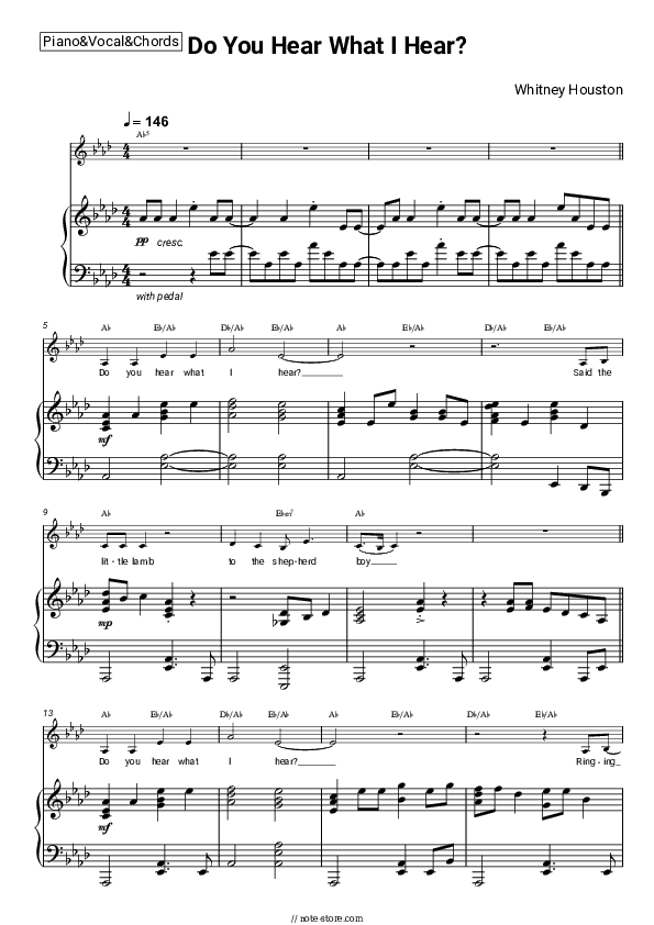 Do You Hear What I Hear? - Whitney Houston Piano Sheet Music with the Vocal and Chords - Piano&Vocal&Chords