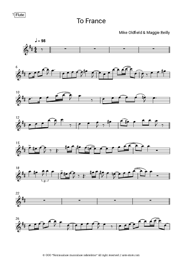 To France - Mike Oldfield, Maggie Reilly Flute Sheet Music - Flute