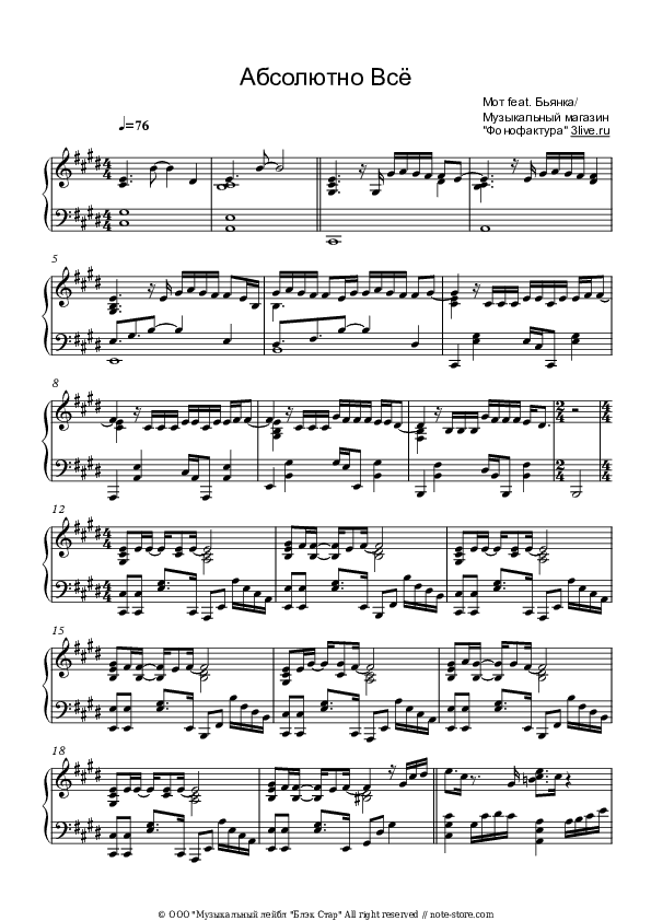 Абсолютно Всё - Mot, Bianka Piano Sheet Music - Piano.Solo