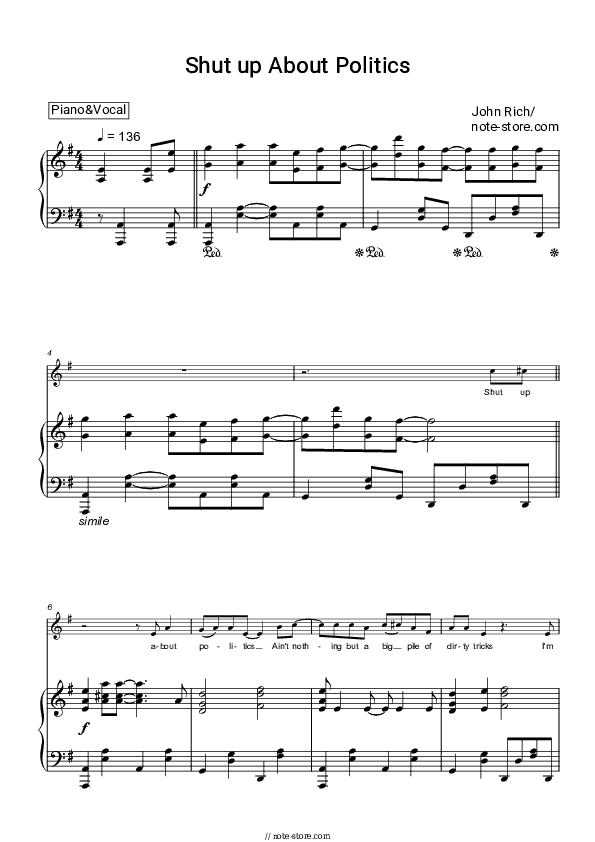 Shut up About Politics - John Rich Piano Sheet Music with the Voice part - Piano&Vocal