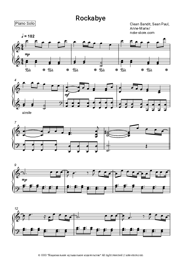 Rockabye - Clean Bandit, Sean Paul, Anne-Marie Piano Sheet Music - Piano.Solo