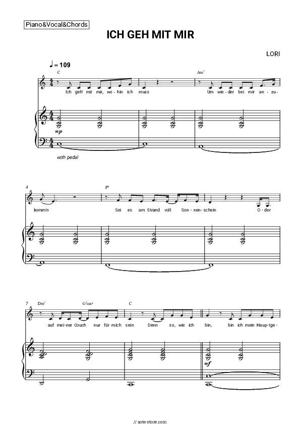 ICH GEH MIT MIR - LORI Piano Sheet Music with the Vocal and Chords - Piano&Vocal&Chords