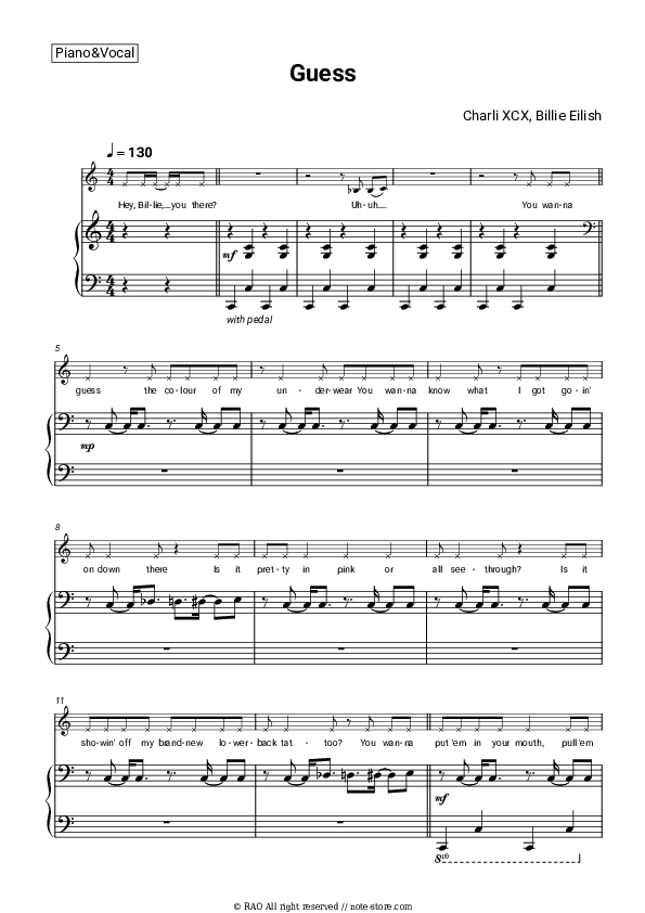 Guess - Charli XCX, Billie Eilish Piano Sheet Music with the Voice part - Piano&Vocal