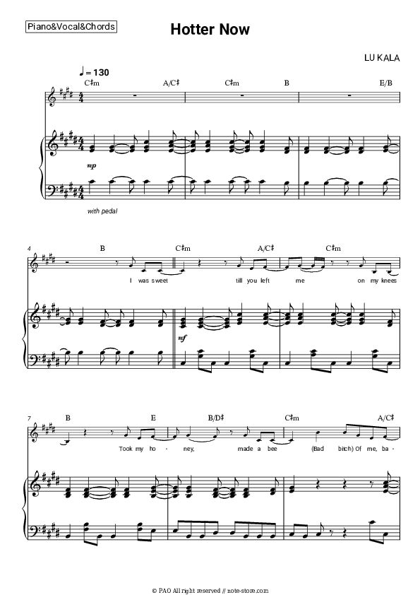 Hotter Now - LU KALA Piano Sheet Music with the Vocal and Chords - Piano&Vocal&Chords