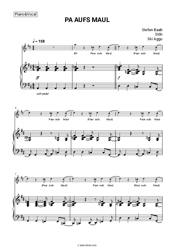 PA AUFS MAUL - Stefan Raab, Sido, Ski Aggu Piano Sheet Music with the Voice part - Piano&Vocal