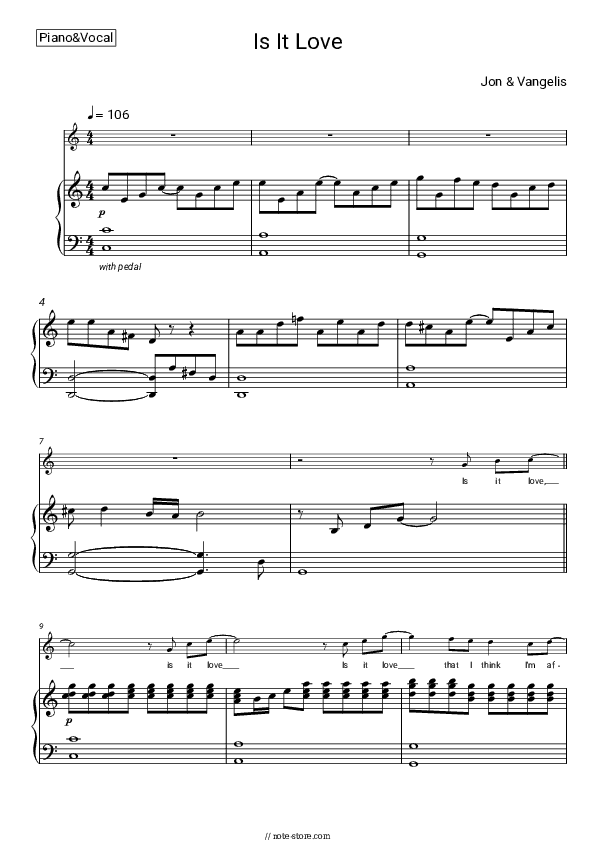 Is it love - Jon & Vangelis Piano Sheet Music with the Voice part - Piano&Vocal