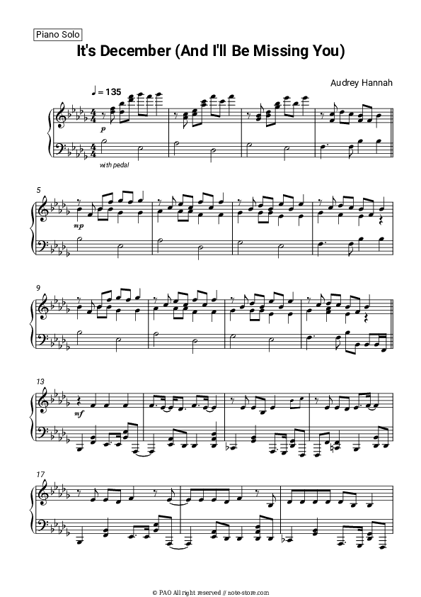 It's December (And I'll Be Missing You) - Audrey Hannah Piano Sheet Music - Piano.Solo