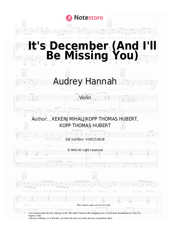 It's December (And I'll Be Missing You) - Audrey Hannah Violin Sheet Music - Violin